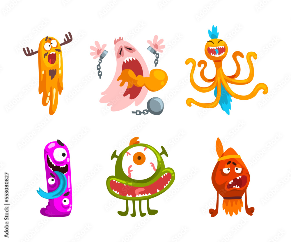 Monster with Wide Open Toothy Mouth in Frightening Pose Vector Set