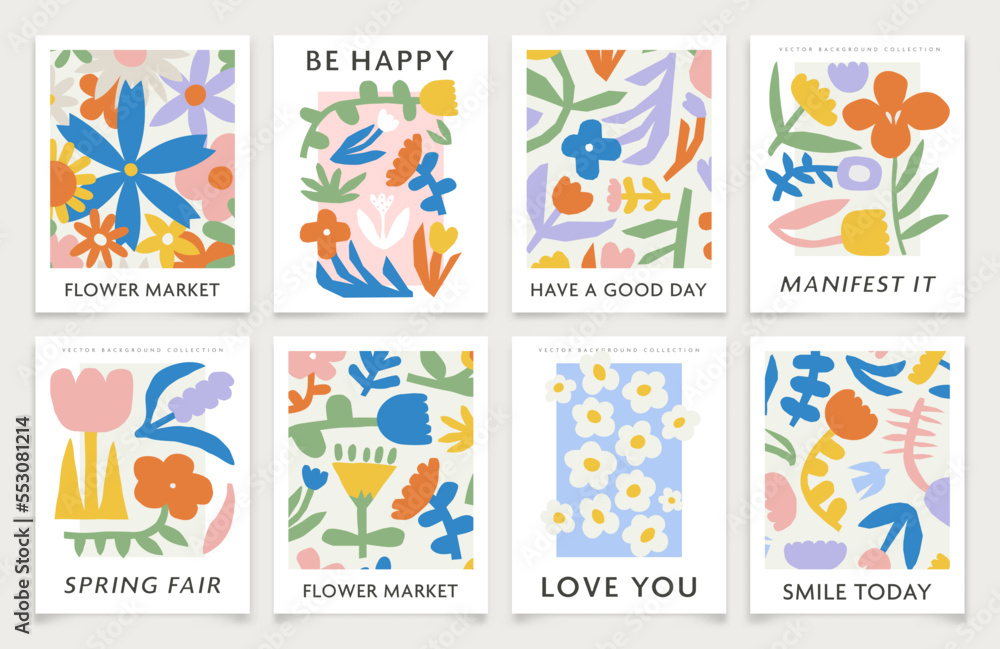 Abstract floral print illustration template set. Creative contemporary art flower collage poster design collection. Vintage organic hand drawn nature doodle, simple spring cartoon with happy quotes.