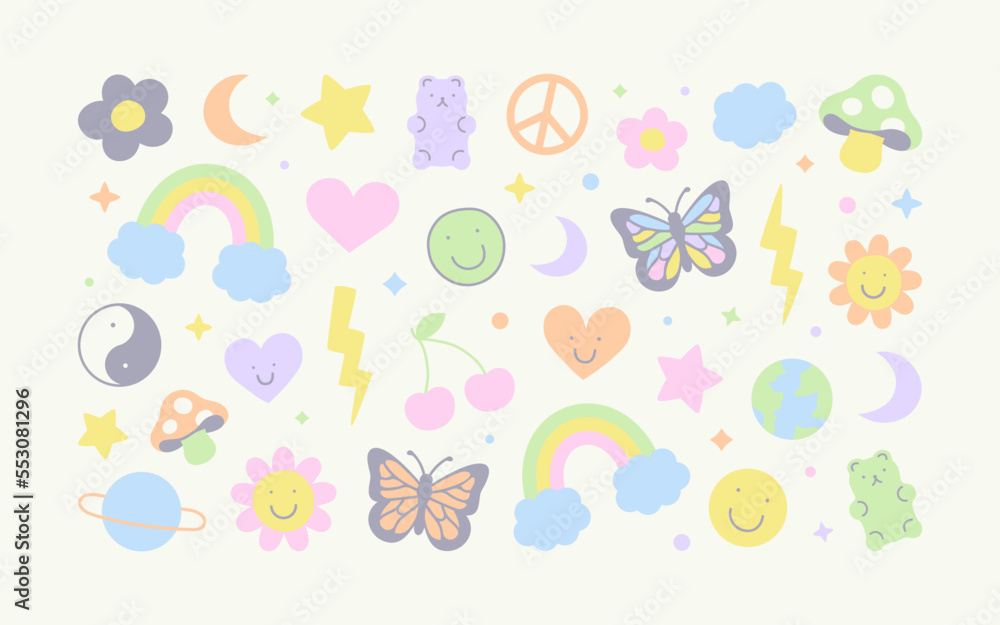 Set of retro symbol doodle illustration in trendy 90s art style. Soft pastel color icon collection with cute vintage decoration. Includes rainbow, butterfly, flower and love heart hand drawn cartoon.