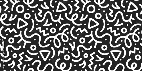 Fun black and white line doodle seamless pattern. Creative minimalist style art background for children or trendy design with basic shapes. Simple childish scribble backdrop.