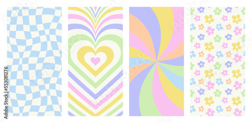Set of retro vintage mobile background in trendy 90s art style. Soft pastel color y2k story template collection with cute sticker decoration and trippy psychedelic cartoon.