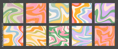 Colorful retro wavy background collection. Set of trendy distorted pastel square texture in vintage y2k style. Psychedelic hippie pattern, liquid swirl poster bundle.