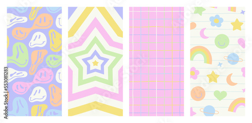 Set of retro vintage mobile background in trendy 90s art style. Soft pastel color y2k story template collection with cute sticker decoration and trippy psychedelic cartoon.
