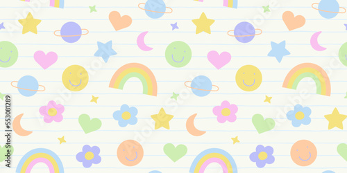 Retro vintage seamless pattern illustration in trendy 90s art style. Soft pastel color y2k background print with cute sticker decoration. Includes rainbow, flower and love heart cartoon.