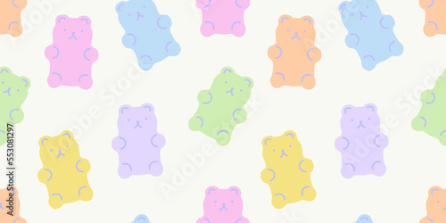 Retro vintage seamless pattern illustration in trendy 90s art style. Soft pastel color y2k background print with cute bear sticker decoration. 