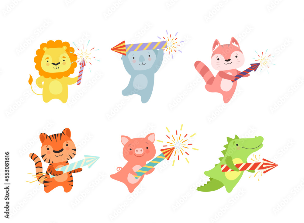 Fototapeta premium Cute Animal with Fireworks Enjoying Holiday Celebration Vector Set