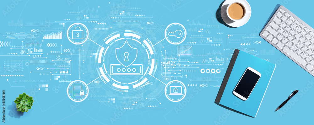 Cyber security theme with a computer keyboard and office items Cyber security theme with a computer keyboard and office items