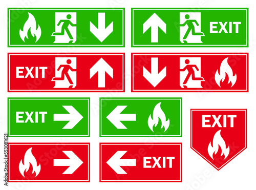 set emergency exit sign escape point evacuation man running on the door exited in danger collection