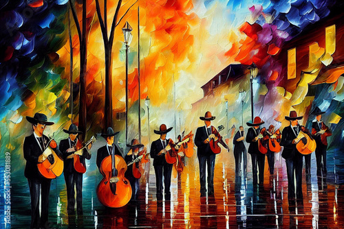 Mexican mariachi on zocalo in the evening performing a song illustration, latino street musicians in traditional costumes multicolored illustration, Generative AI photo