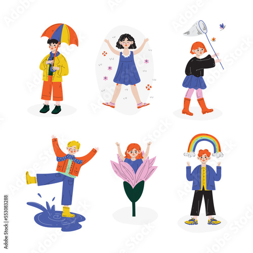 Little Girl and Boy in Rubber Boots Enjoying Spring Season Splashing in Puddle, Lying on Meadow, Walking with Umbrella and Catching Butterfly with Net Vector Set