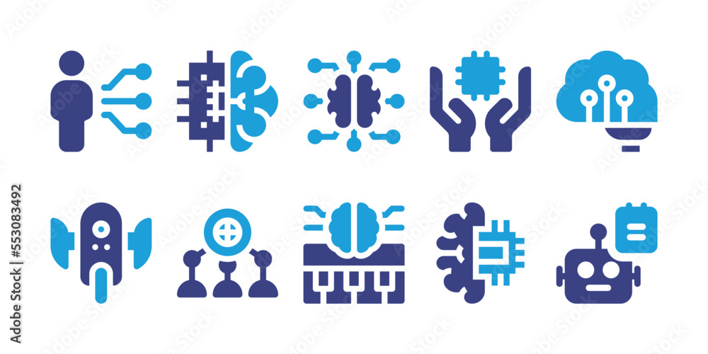 Artificial intelligence icon set. Vector illustration. Containing brain, microchip, user, artificial intelligence, keyboard, robot, notes