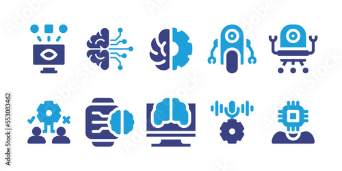 Artificial intelligence icon set. Vector illustration. Containing computer, gear, nanobot, robot, artificial intelligence, smartwatch, human resources, voice recognition