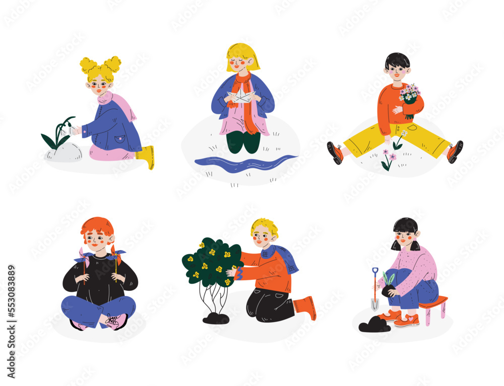 Little Girl and Boy Enjoying Spring Season Playing Paper Boat, Pinwheel, Gathering Snowdrop Flower and Planting Tree Vector Set Little Girl and Boy Enjoying Spring Season Playing Paper Boat, Pinwheel, Gathering Snowdrop Flower and Planting Tree Vector Set