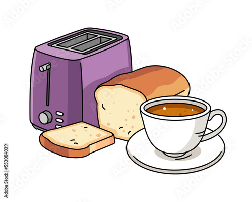 illustration of bread and a cup of coffee beside a toaster