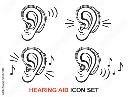 Ear hearing aid for deaf, hear loss problem, medical auditory device of deafness treatment line icon set. Improve human sound perception. Equipment of person listen noise impairment prevention. Vector
