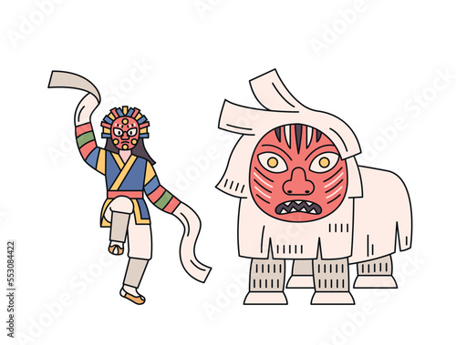 Korean traditional mask dance. One who dances while flapping a long cloth and another who wears a large lion mask.