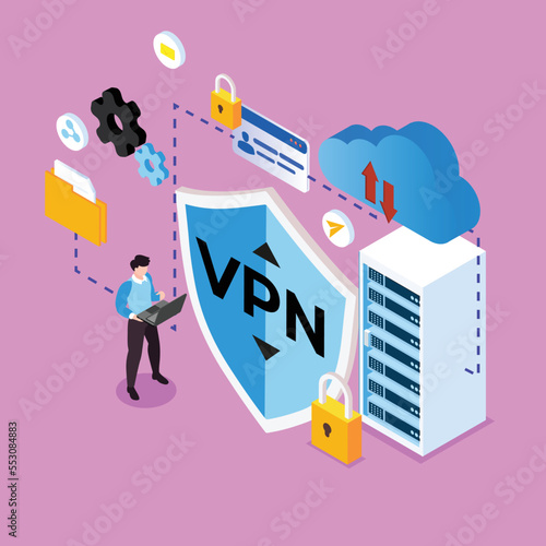 Surfing the internet with VPN for secure connection isometric 3d vector illustration concept for banner, website, illustration, landing page, flyer, etc.