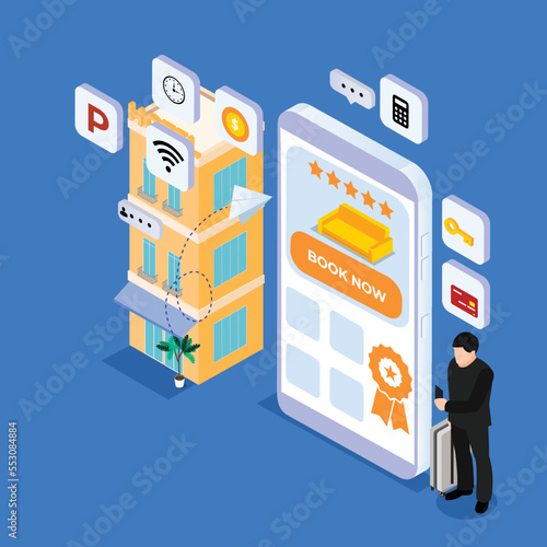 Businessman booking a hotel room on a trip isometric 3d vector illustration concept for banner, website, illustration, landing page, flyer, etc.