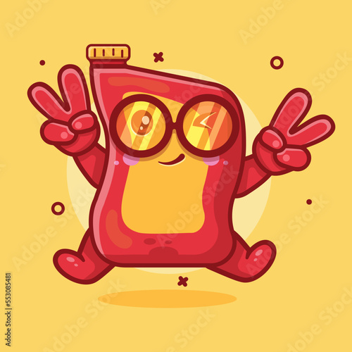 cute lubricant oil bottle character mascot with peace sign hand gesture isolated cartoon in flat style design