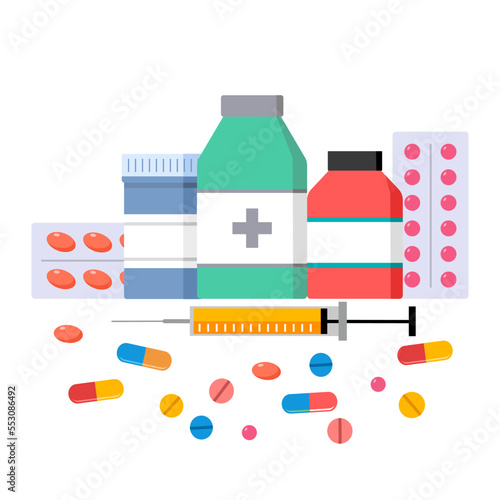 Medicine bottle, syringe injection, pill tablets and capsules in flat design on white background.
