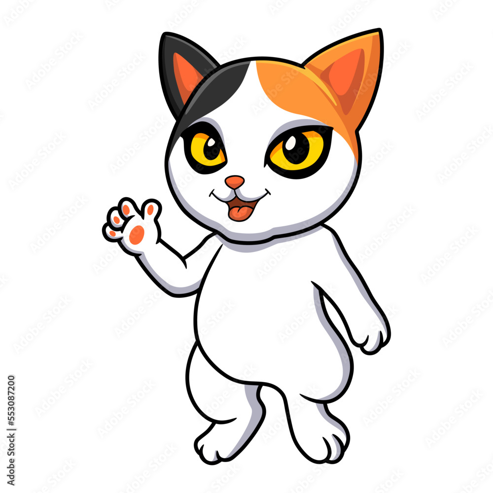 Cute japanese bobtail cat cartoon waving hand Cute japanese bobtail cat cartoon waving hand