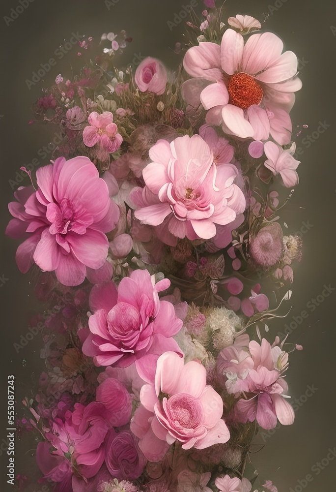 Beautiful pink fantasy flowers with pleasant background. Greeting card design. Gift card design. Flower element design. 3d illustration