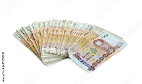 Stacks Thailand money bank note value 1000 baht isolated on white background