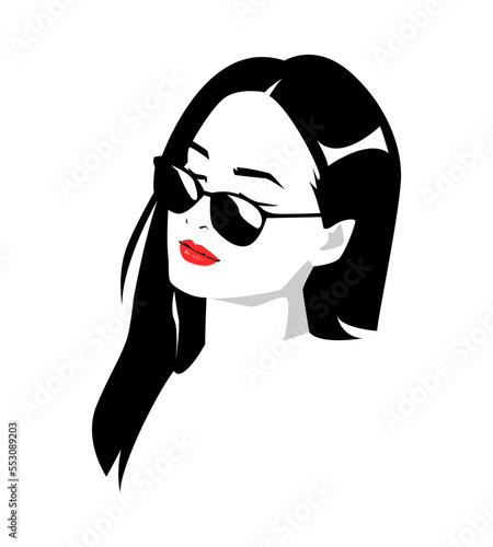 Portrait of a beautiful girl with long hair and wearing glasses. closing eyes. vector design. silhouette. isolated white background. © Irkhamsterstock