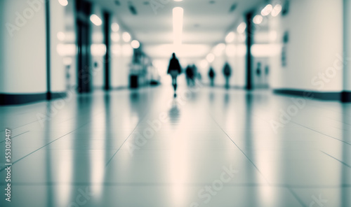 Shopping mall or business hall with people walking. Contemporary background. Blur background with bokeh. Abstract urban background with copy space