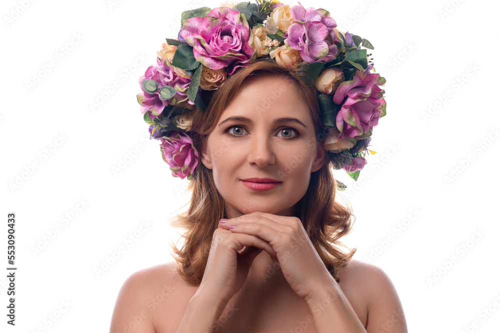 Photo of sweet dreamy young woman naked shoulders flowers blossom wreath isolated white color background