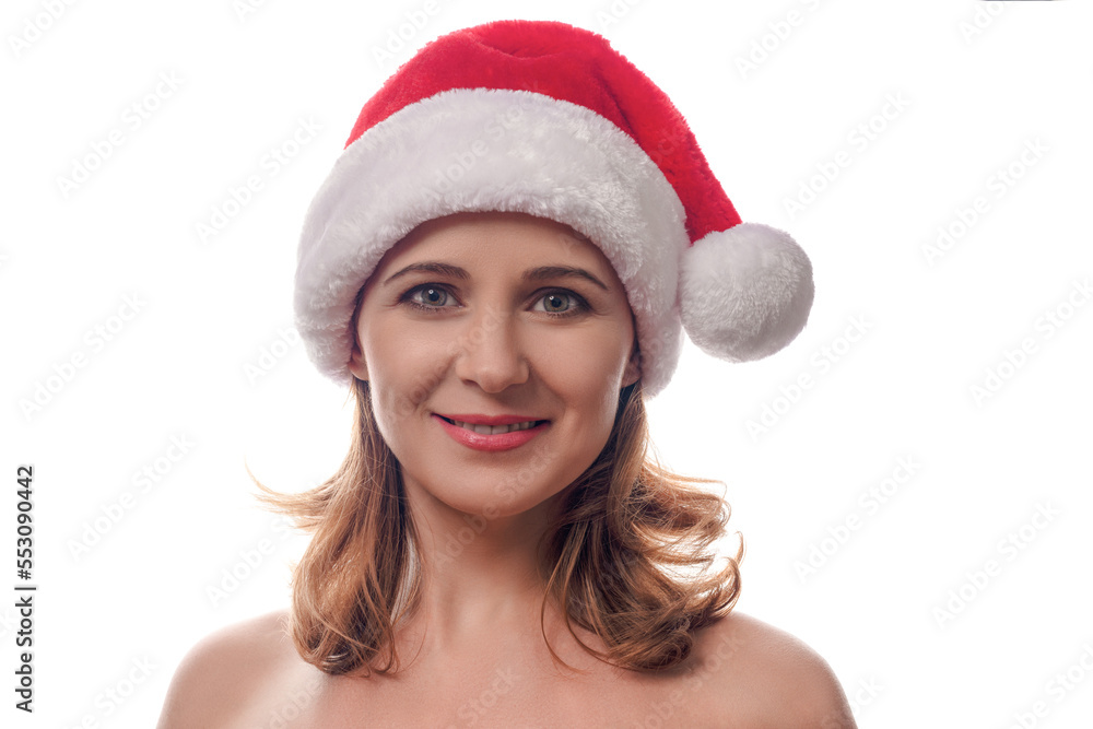 Woman christmas Santa Hat white studio background. Beautiful caucasian female close up portrait. Holiday concept Woman christmas Santa Hat white studio background. Beautiful caucasian female close up portrait. Holiday concept