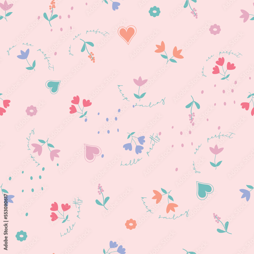 Spring, summer, conversational, seamless pattern print with doodle flowers, floral print and tags, positive quotes and slogans for fabric, thanksgiving, christmas, textile, tshirt, and wrapping Spring, summer, conversational, seamless pattern print with doodle flowers, floral print and tags, positive quotes and slogans for fabric, thanksgiving, christmas, textile, tshirt, and wrapping