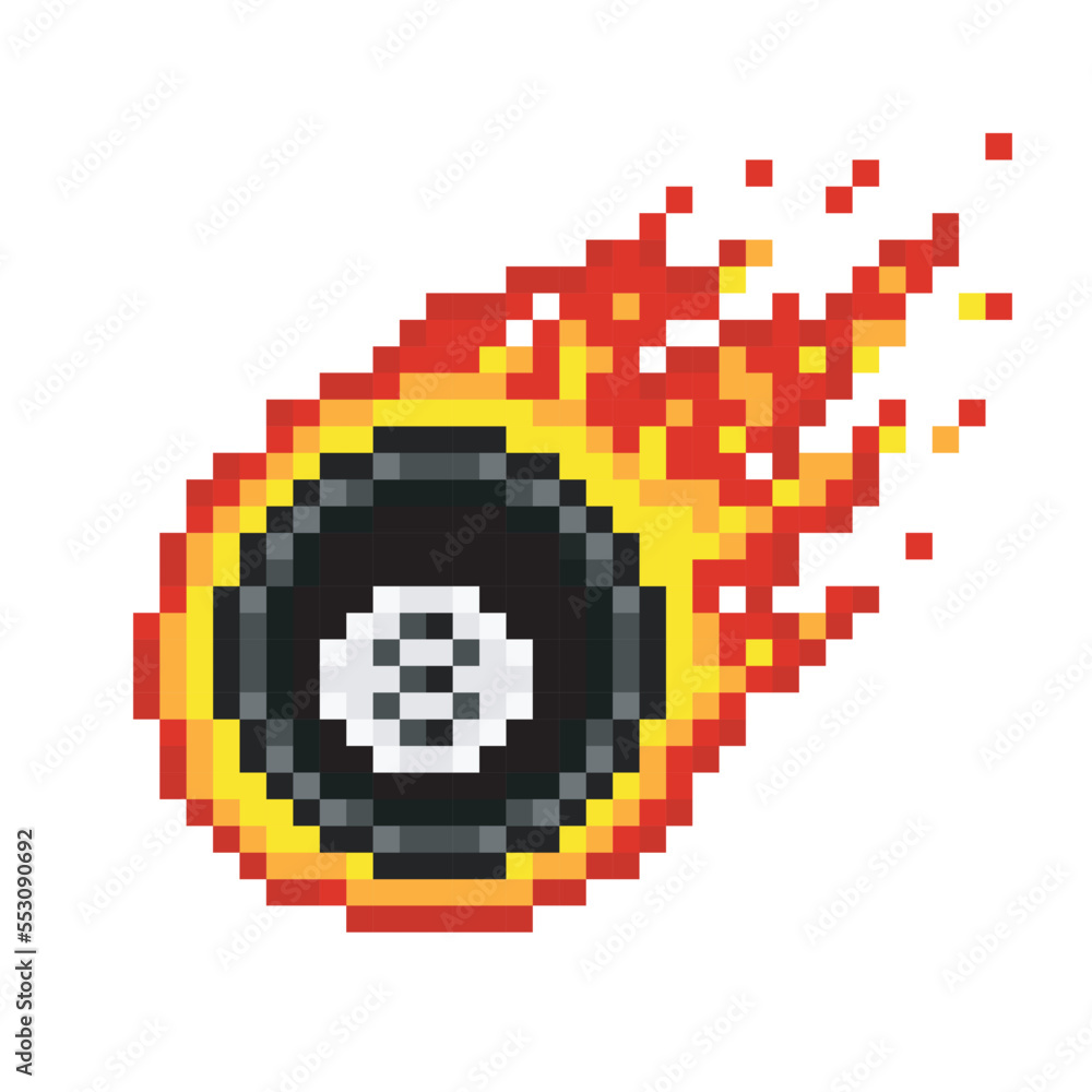 Billiard ball in fire, sport pixel art