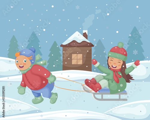 Winter illustration. Christmas illustration with the image of children riding a sleigh. A boy rides a girl on a sled. Funny children on a winter background