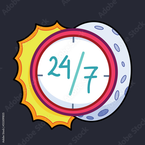 Time red clock hours repeat 24 7 twenty four seven day and night vector illustration with sun and moon decoration. Cartoon flat art style drawing isolated on plain dark black background.