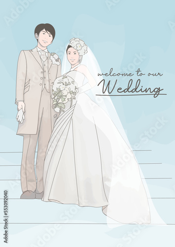 結婚式を挙げる新郎新婦のおしゃれなイラスト　ウェディングドレスを着た女性　タキシードを着た男性　カップル