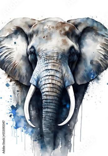 This abstract ink drop illustration depicts an elephant with its trunk raised high, standing in a calm and peaceful atmosphere. Its body is composed of soft, curved lines