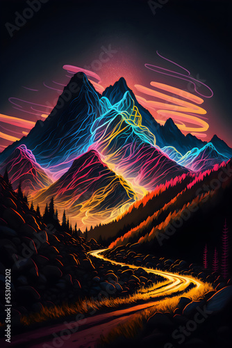 A vibrant landscape featuring neon-colored mountains and a starry night sky