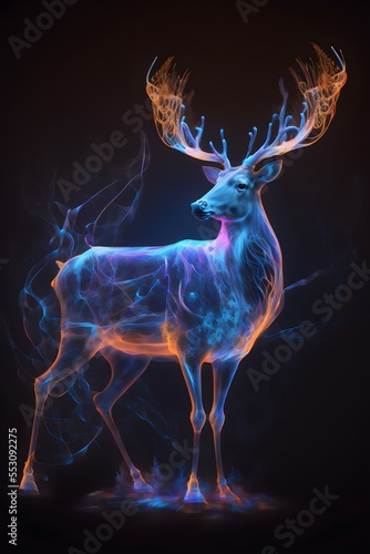 This illustration features a festive reindeer made with colorful neon lights