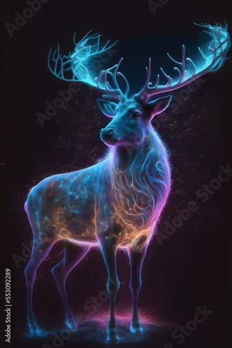 This illustration features a festive reindeer made with colorful neon lights © Mauro