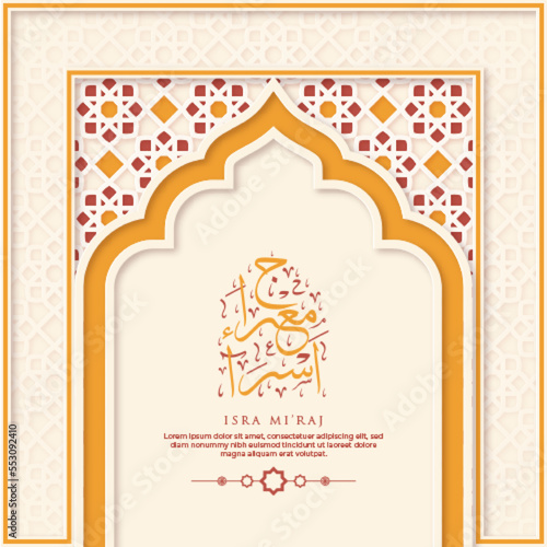 Isra Miraj Greeting Card with Calligraphy and Ornament Premium Vector
