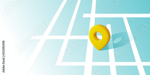Locator mark on city map shows destination, address, geo position, gps coordinates. 3d pin icon placed on street crossroads as direction point.