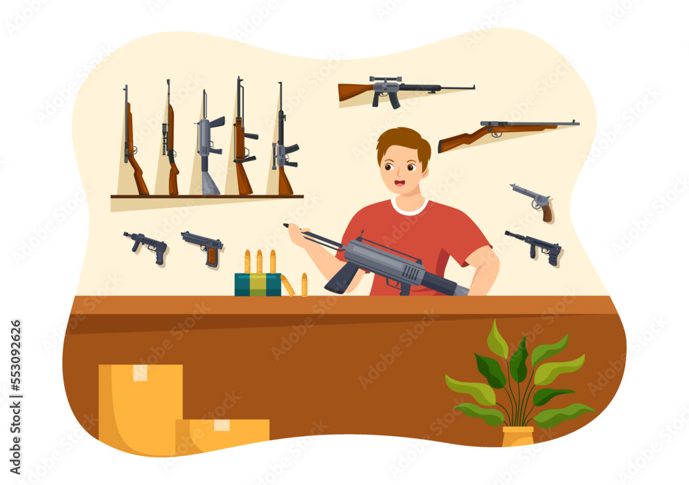 Gun Shop or Hunting with Rifle, Bullet, Weapon and Hunt Equipment in ...