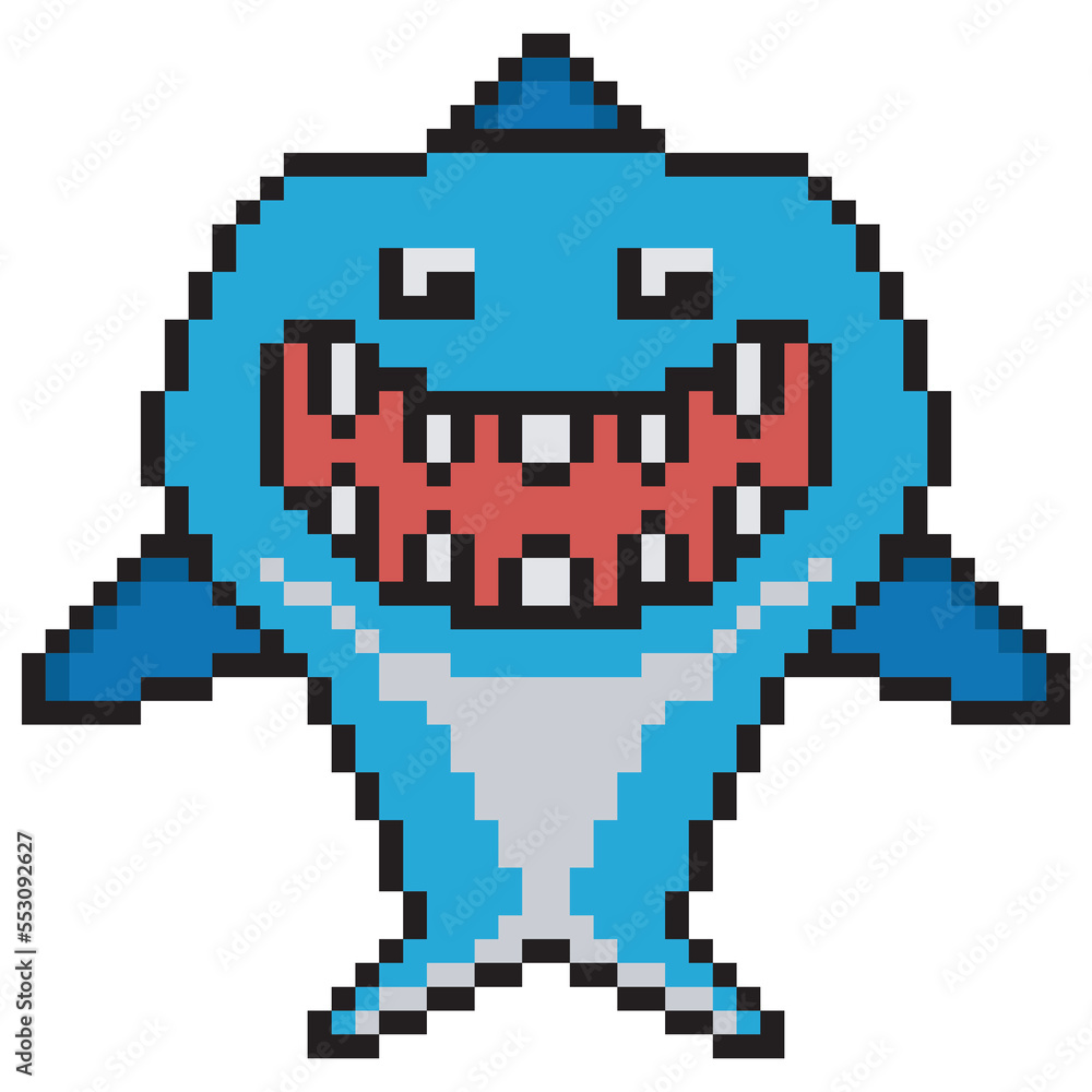 Cute shark character pixel art. Vector illustration. Cute shark character pixel art. Vector illustration.
