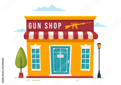 Gun Shop or Hunting with Rifle, Bullet, Weapon and Hunt Equipment in Flat Style Cartoon Hand Drawn Templates Illustration