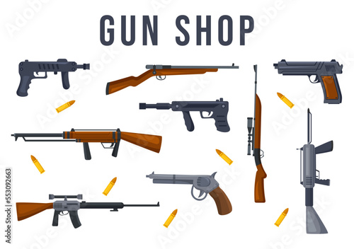 Gun Shop or Hunting with Rifle, Bullet, Weapon and Hunt Equipment in Flat Style Cartoon Hand Drawn Templates Illustration