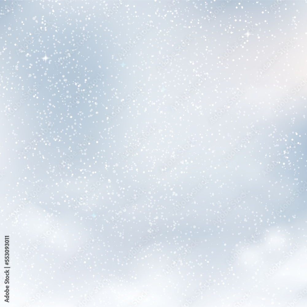 Obraz premium Christmas and Happy New Year background with falling snowflakes on blue sky. Vector