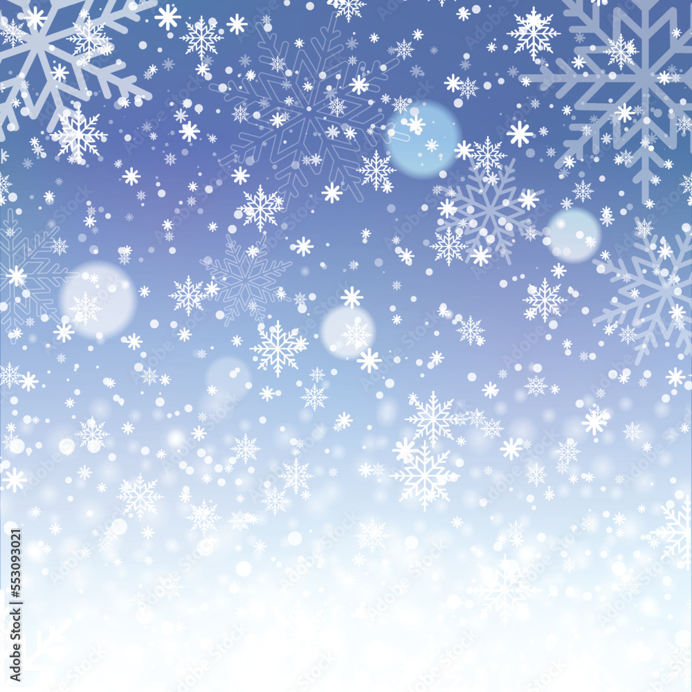 Christmas and Happy New Year background with falling snowflakes on blue sky. Vector Christmas and Happy New Year background with falling snowflakes on blue sky. Vector