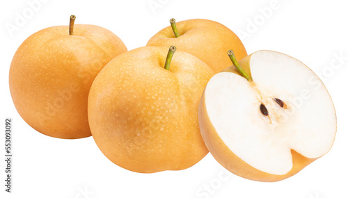 Premium Korean Sweet Pear on white background, Korean Snow pear or Shingo pear on white background 
