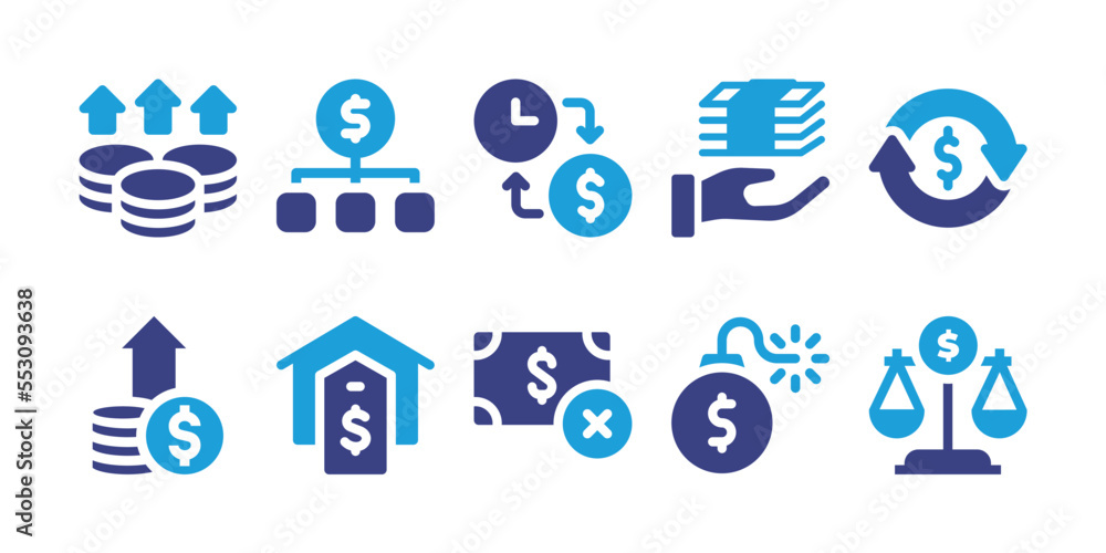 Money icon set. Vector illustration. Containing get money, refund, profits, money management, time is money, debt, scale, growth, house, poverty